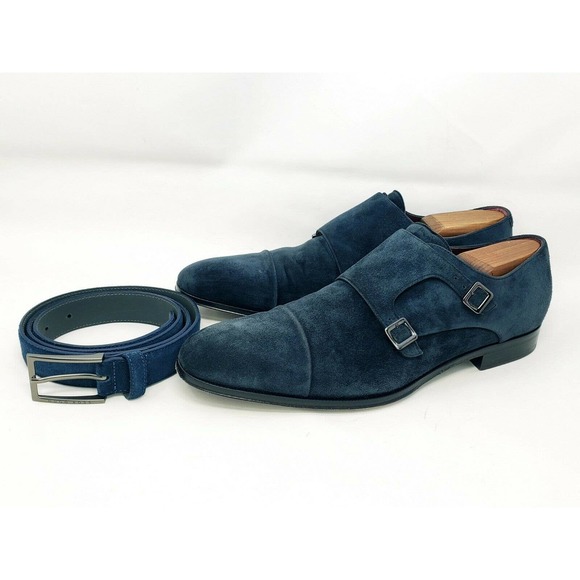 HUGO BOSS Mens Sz 10 Double Monk Strap Navy Suede Oxford w/ Matching Belt Set 03 - Picture 1 of 12